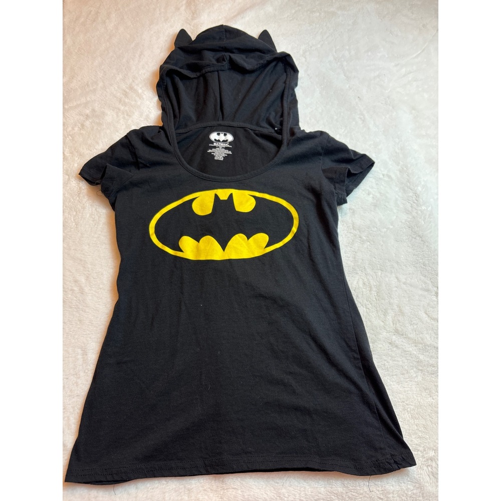 Batman DC Comics Womens Black Graphic Hooded T-Shirt Bat Ears Logo Size M